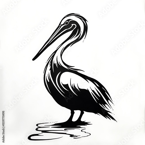 Black and white illustration of a pelican standing in water. photo