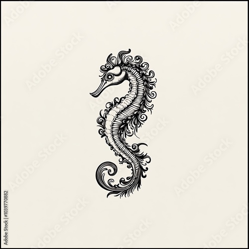 Black and white illustration of a seahorse on a white background.