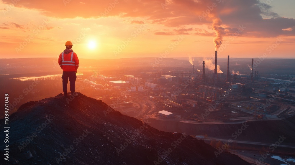 Fototapeta premium Engineer on hill overseeing industrial site with sunset view