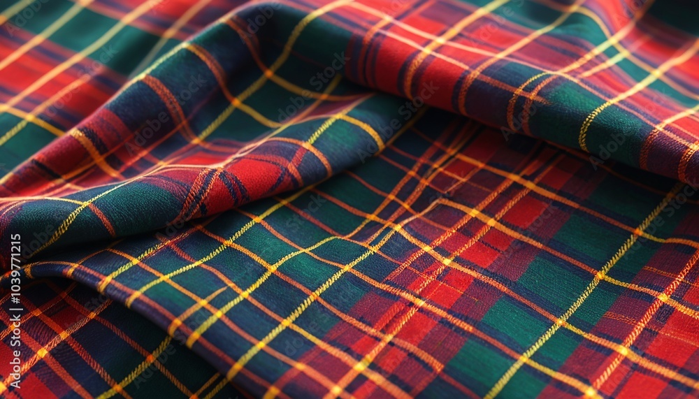 A classic tartan fabric folded neatly, showcasing its vibrant patterns and warmth, ideal for scarves and skirts, Generative AI A classic tartan fabric folded neatly, showcasing its vibrant patterns and warmth, ideal for scarves and skirts, Generative AI