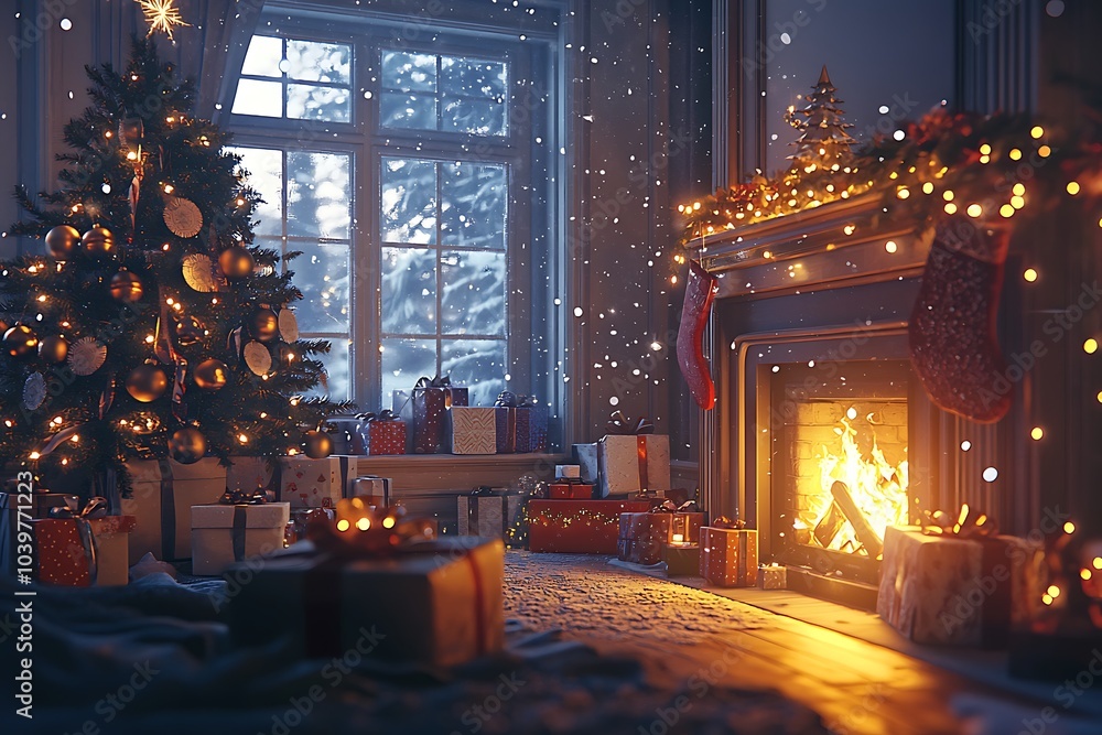 Cozy Christmas Fireplace with Presents and Decorated Tree Cozy Christmas Fireplace with Presents and Decorated Tree