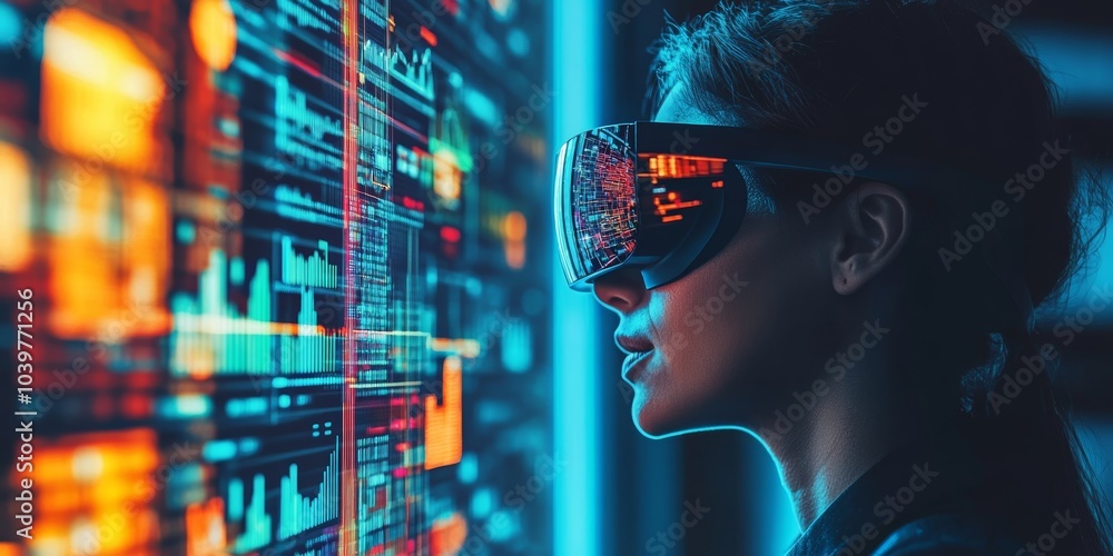 A person in augmented reality glasses, interacting with floating 3D graphs and data visualizations A person in augmented reality glasses, interacting with floating 3D graphs and data visualizations
