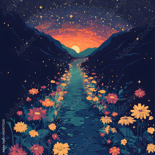 A serene, magical pathway surrounded by blooming flowers under a starlit sky, leading toward a radiant sunset.
