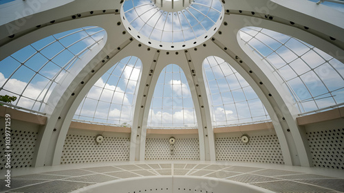 A stunning architectural interior featuring a large domed ceiling with skylights, creating an open and airy atmosphere. photo