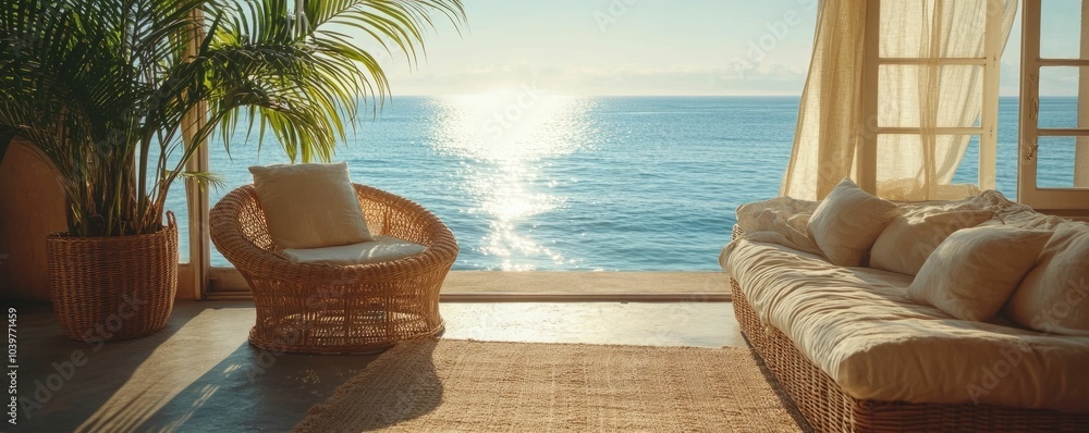 Obraz premium Peaceful and tranquil ocean view summer lounge area with comfortable wicker furniture soft natural sunlight and tropical shadows creating a minimalist yet luxurious and relaxing coastal design