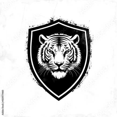 Black and white illustration of a tiger head inside a shield on a white background.