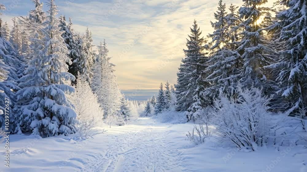 A snowy forest with a road running through it A snowy forest with a road running through it