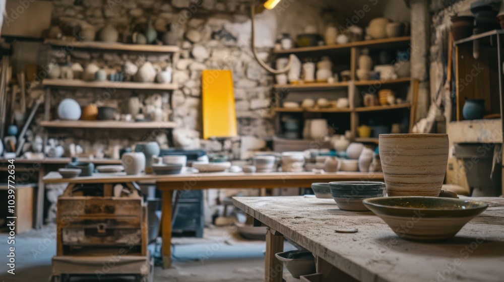 An atmospheric pottery studio with pottery wheels and kilns, Ceramic artworks in various stages of firing, Contemporary artisan style An atmospheric pottery studio with pottery wheels and kilns, Ceramic artworks in various stages of firing, Contemporary artisan style