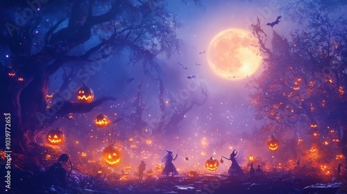 A mystical Halloween party with fairies, goblins, and trolls celebrating under glowing lanterns and eerie moonlight, vibrant and magical