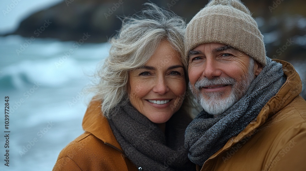 Obraz premium A couple is smiling and posing for a picture on a beach