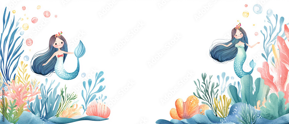Two Cute Mermaids Swimming in the Ocean with Coral Reefs and Seaweed, Two Cute Mermaids Swimming in the Ocean with Coral Reefs and Sea Two Cute Mermaids Swimming in the Ocean with Coral Reefs and Seaweed, Two Cute Mermaids Swimming in the Ocean with Coral Reefs and Sea