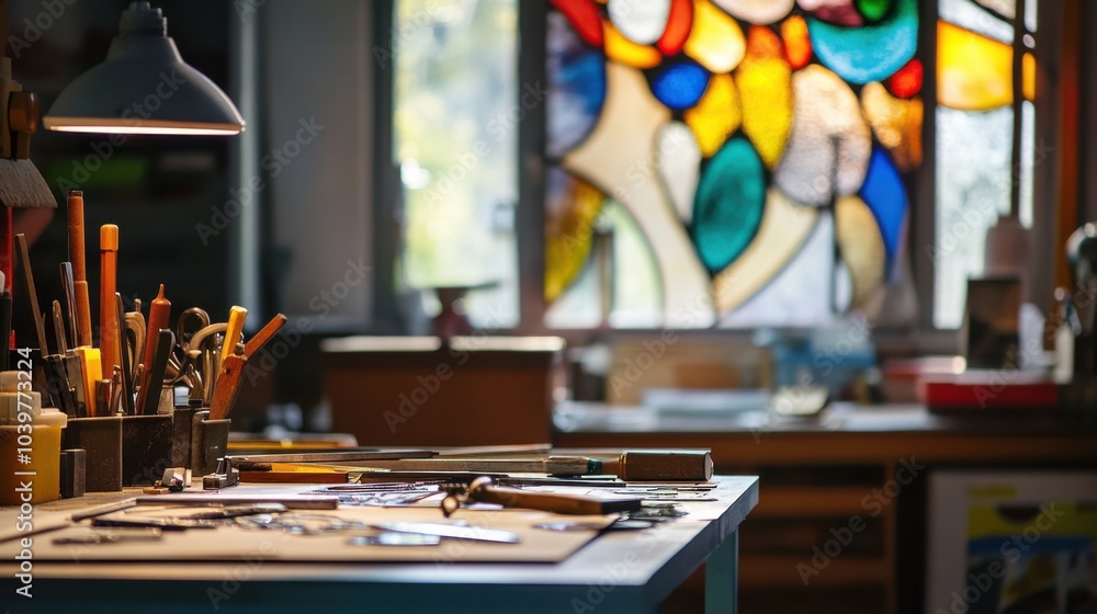 An atmospheric stained glass studio with glass cutting tools, Intricate stained glass artworks in creation, Artistic workshop style An atmospheric stained glass studio with glass cutting tools, Intricate stained glass artworks in creation, Artistic workshop style