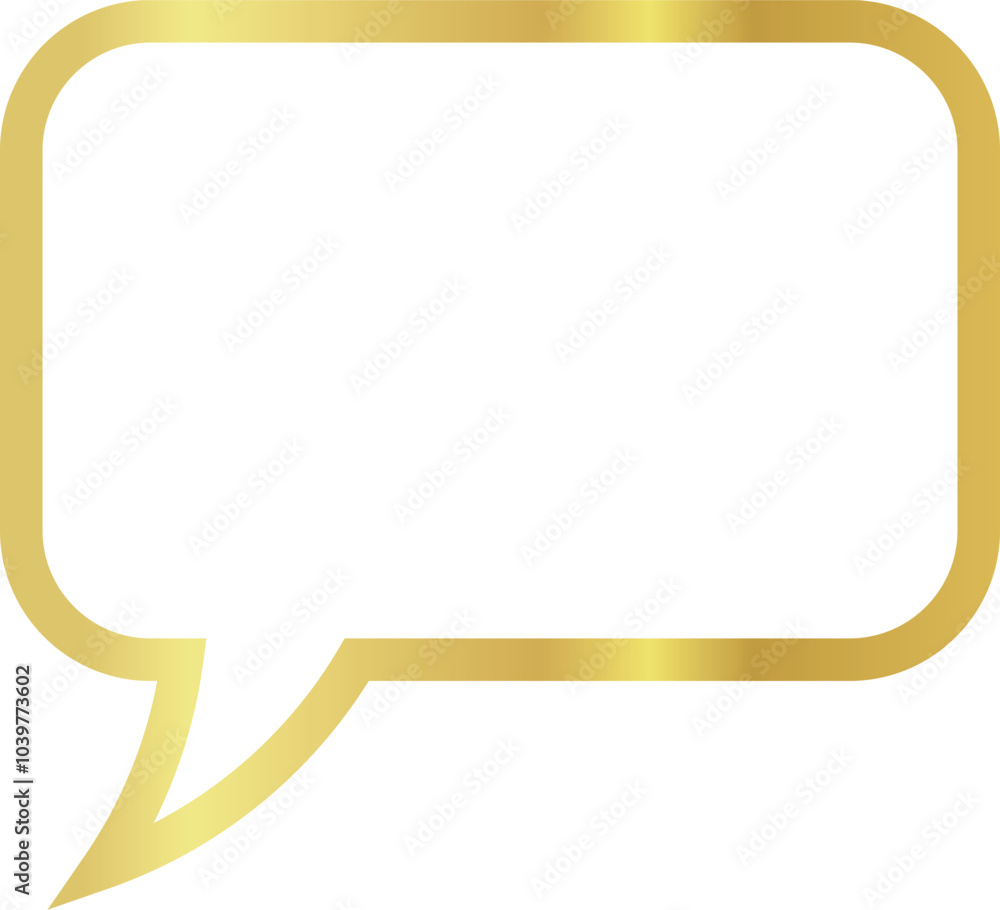 Fototapeta premium 3x2 aspect ratio rectangular gold metallic speech bubble with rounded corners. Blank outline talk balloon with distinctive curved tail pointing to the left on transparent background. 