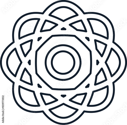 Vector illustration of abstract atomic model in linear style. Science, discovery, and investigation symbol element. The icon is perfect for web design, decorative elements, print, stickers, or social 