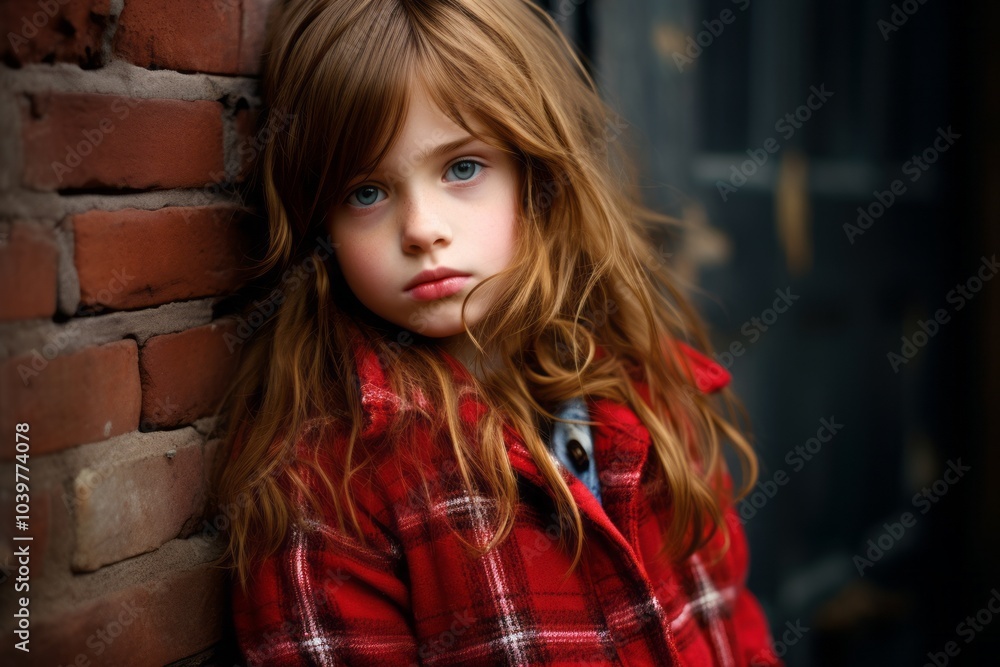 Portrait of a beautiful little girl in a red coat against a brick wall. Portrait of a beautiful little girl in a red coat against a brick wall.