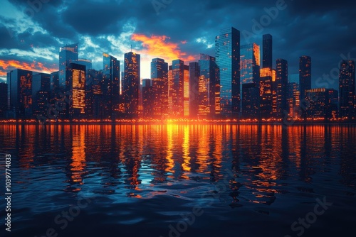 Dazzling city skyline at sunset reflecting on calm waters during a dramatic evening