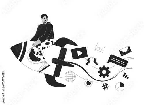 Effective digital marketing strategy black and white 2D illustration concept. Indian man riding rocket outline character isolated. Accelerating business in social media metaphor monochrome vector art