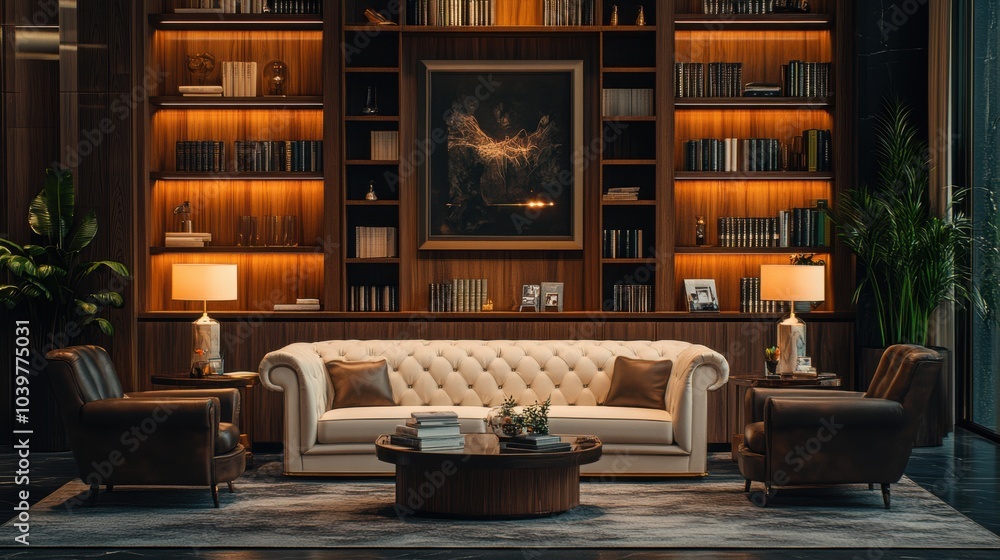 Elegant modern library lounge with plush seating and warm lighting in a luxurious interior setting Elegant modern library lounge with plush seating and warm lighting in a luxurious interior setting