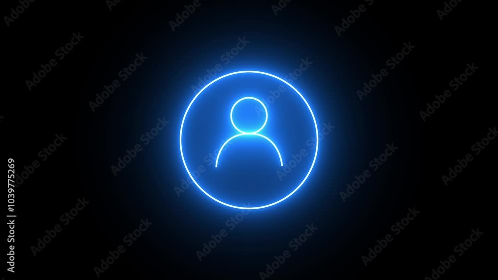 neon icon of user in flat style, person icon, user icon animation. Neon User profile icon inside circle black background.