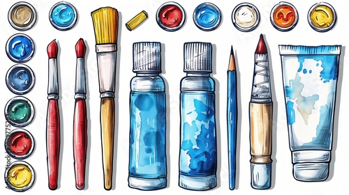 set of painting tools in watercolor cartoon style