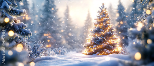 Enchanted Christmas Tree in a Snowy Forest