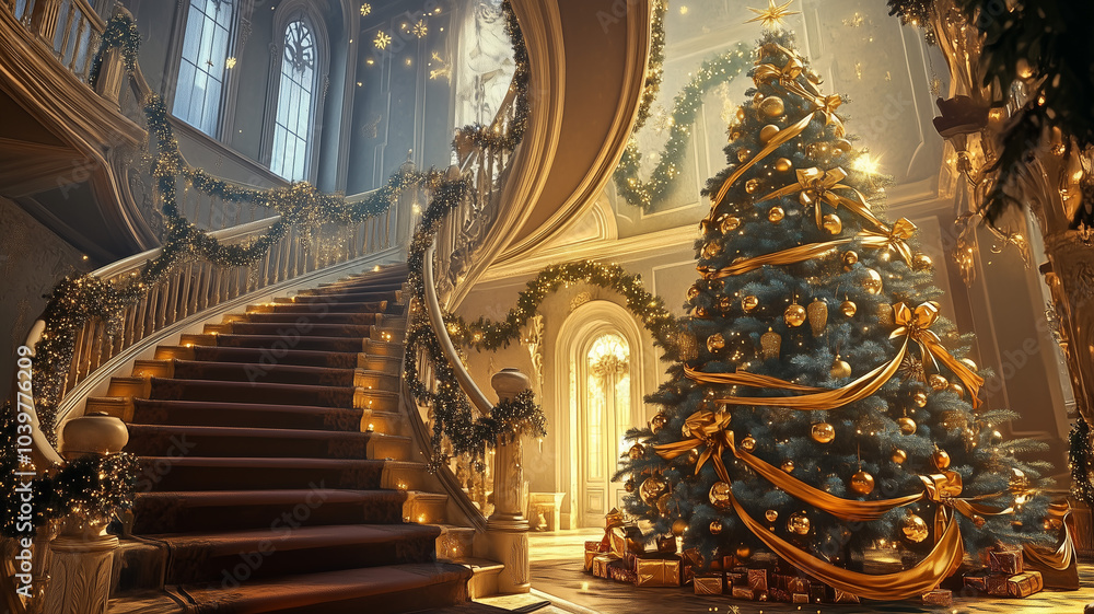 A grand, towering tree decorated with velvet ribbons and golden ornaments stands beside a spiral staircase. A grand, towering tree decorated with velvet ribbons and golden ornaments stands beside a spiral staircase.