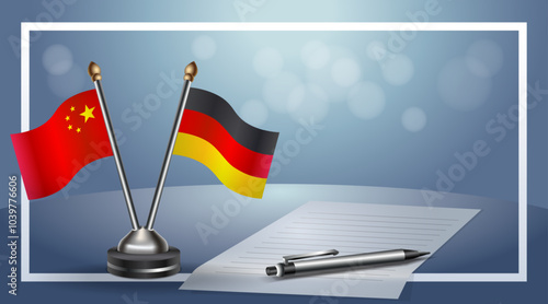 China and Germany Small national flag on bokeh background, cooperative relationship