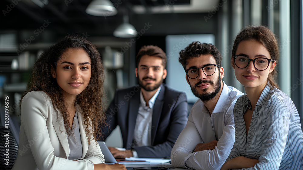 Fototapeta premium Four professionals from a diverse group are looking at the camera with smiles and expressions of confidence and success.