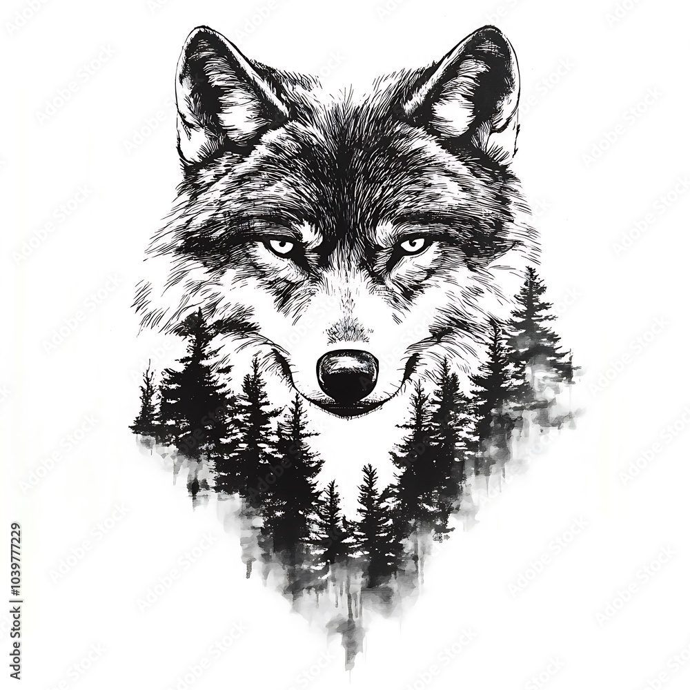 Black and white wolf with a forest behind it. Black and white wolf with a forest behind it.