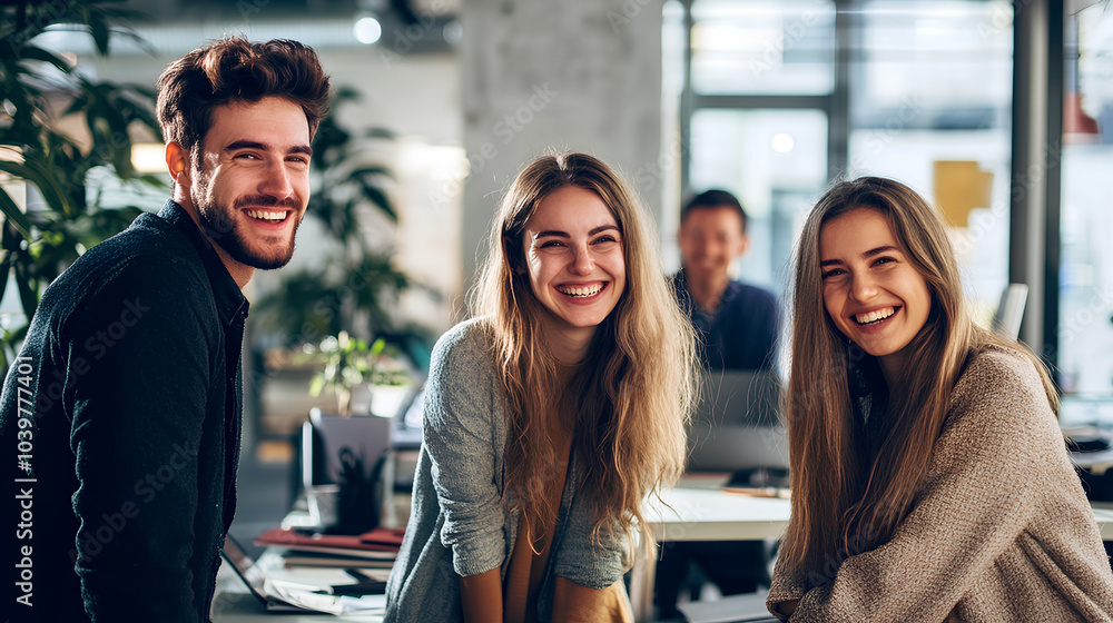 Three young adults are sitting together in an office, laughing and looking happy. Three young adults are sitting together in an office, laughing and looking happy.