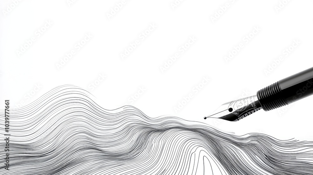 Naklejka premium Artistic depiction of ink lines transforming into waves from fountain pen