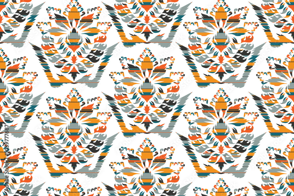 Naklejka premium Geometric vintage texture vector art design. Textile fashion lines ikat seamless pattern and batik fabric asian texture background indian geometric shapes. Ethnic abstract ikat art.