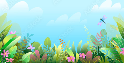 Grass leaves and flowers garden border, fairytale wallpaper with colorful leaves and flowers nature. Children nature illustration for cover or horizontal floral banner design. Vector jungle for kids.