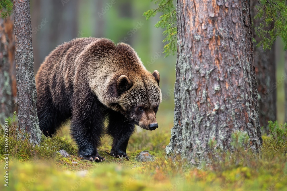Fototapeta premium Pine Grove. Wolverine, the Predator of Finnish Taiga Forest, Looking for Food