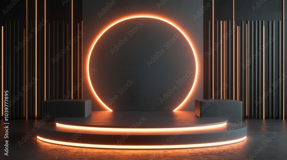 Modern product display with neon light podium setup Modern product display with neon light podium setup