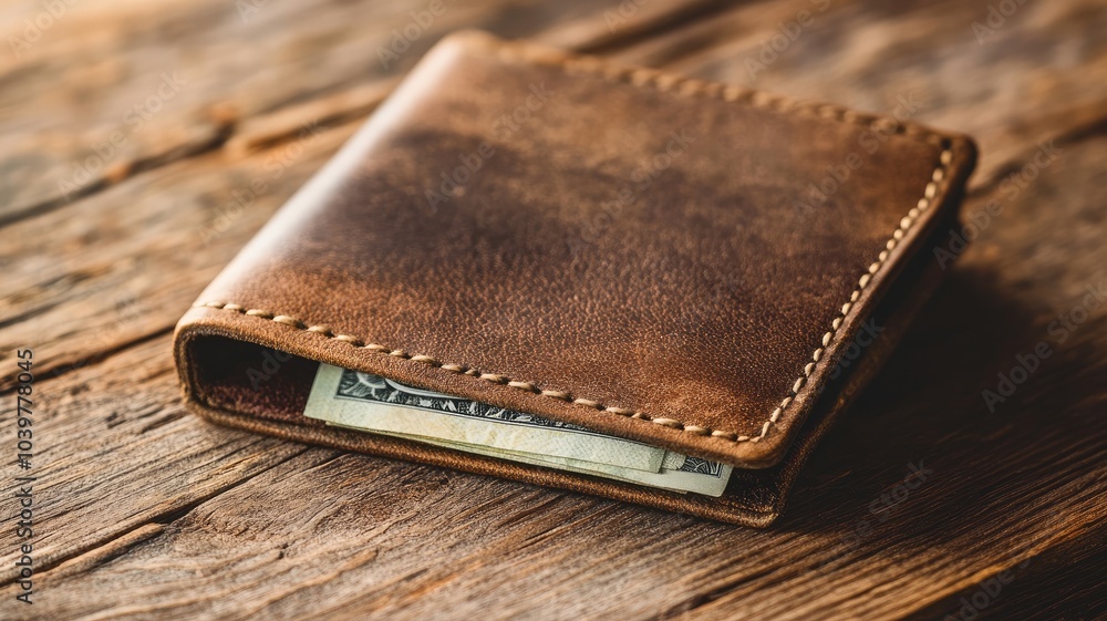 Brown leather wallet with cash on wooden surface Brown leather wallet with cash on wooden surface
