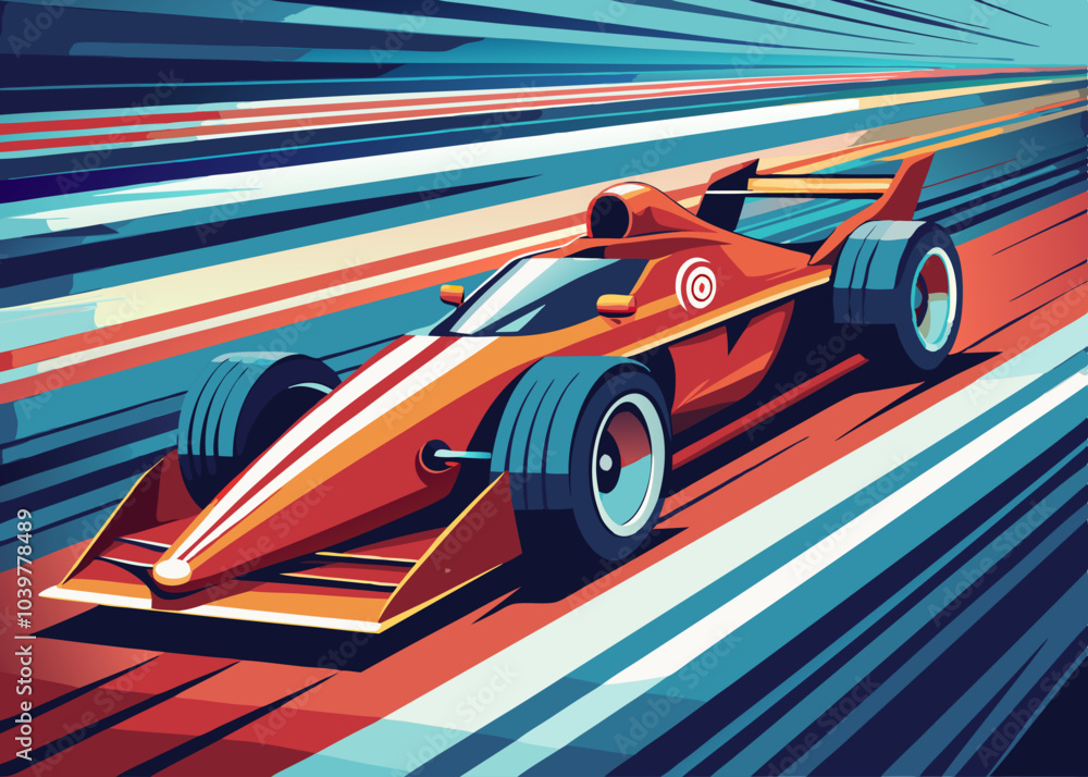 Obraz premium A stylized illustration of a red race car speeding down a track, capturing the excitement and dynamism of motorsport. Perfect for projects related to speed, competition, and adrenaline.