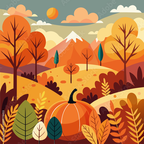 A charming autumn landscape featuring vibrant fall foliage, rolling hills, and a majestic mountain peak. A plump pumpkin sits in the foreground.