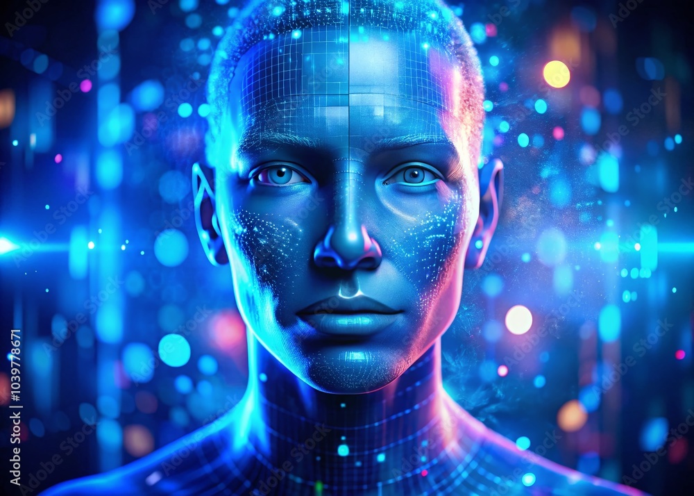 Abstract Digital Human Face in Blue Glow | Technology Concept and Generative AI Visualization Abstract Digital Human Face in Blue Glow | Technology Concept and Generative AI Visualization