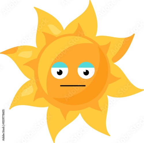 A vibrant vector illustration of stylized sun with apathetic face in bright yellow color in a cartoon style. Campaigns promoting mental health awareness, representing feelings of depression or anxiety
