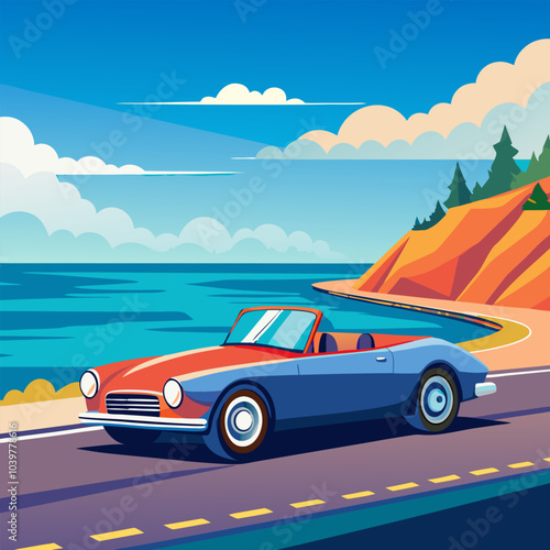 A classic convertible car cruises along a winding coastal road, with a stunning ocean view and vibrant blue skies. The picturesque scene evokes feelings of freedom, adventure, and summer vacation.