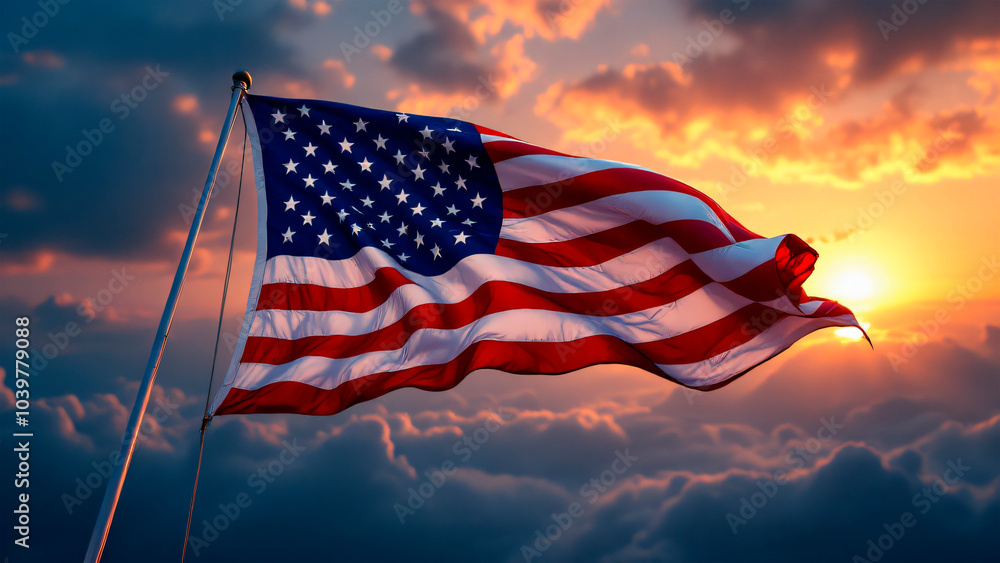 Obraz premium American flag waving majestically against a dramatic sunset sky. The vibrant colors of the red, white, and blue should be emphasized, while the stars and stripes ripple dynamically in the breeze. 