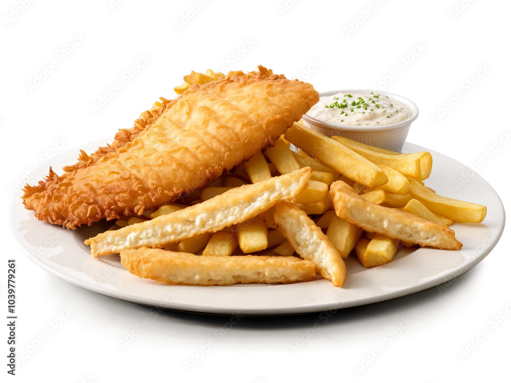 Fish and Chips Flaky beer battered cod fillets with crisp golden crust accompanied by thick Fish and Chips Flaky beer battered cod fillets with crisp golden crust accompanied by thick