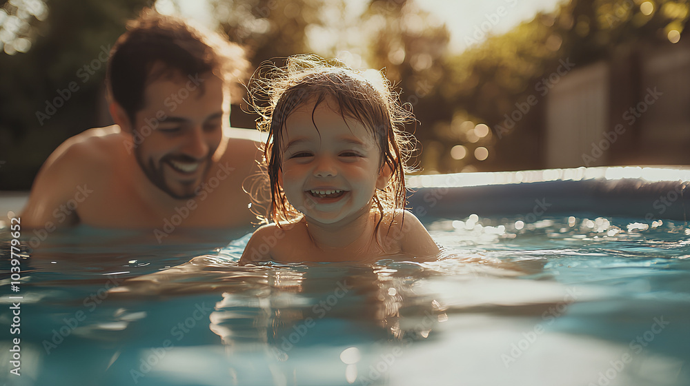 A little girl smiles as she floats in a pool with her dad on a sunny day. A little girl smiles as she floats in a pool with her dad on a sunny day.