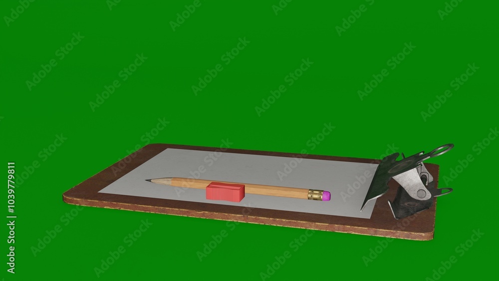 pencil and pencil sharpener on clipboard pencil and pencil sharpener on clipboard
