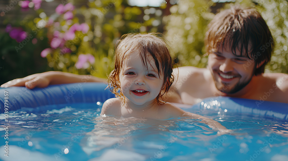 A young girl smiles while enjoying a dip in the pool with her father. A young girl smiles while enjoying a dip in the pool with her father.
