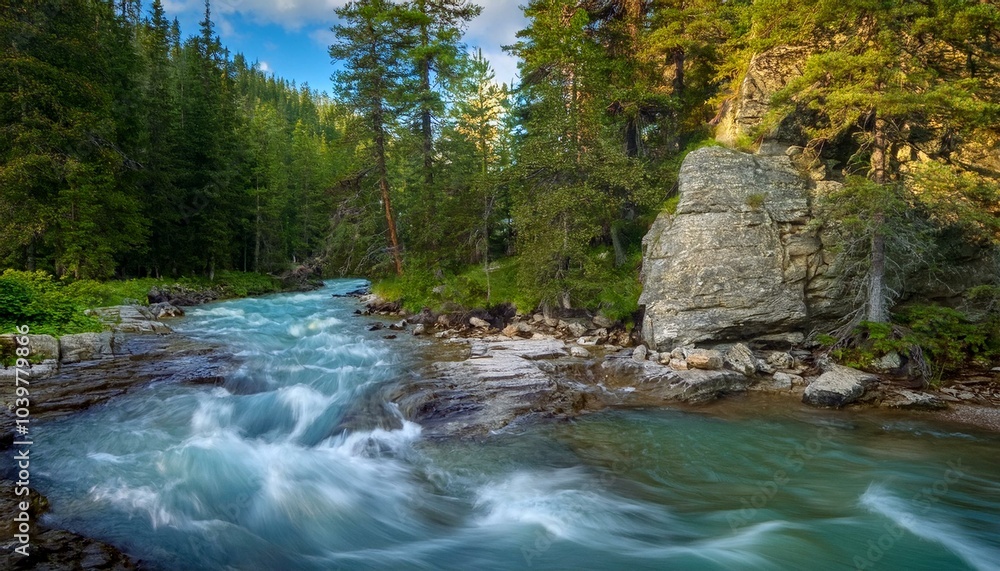 un río en el bosque, con rapidos y pequeños saltos de agua un río en el bosque, con rapidos y pequeños saltos de agua