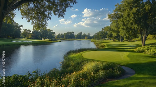 A scenic golf course with a pond and green grass.