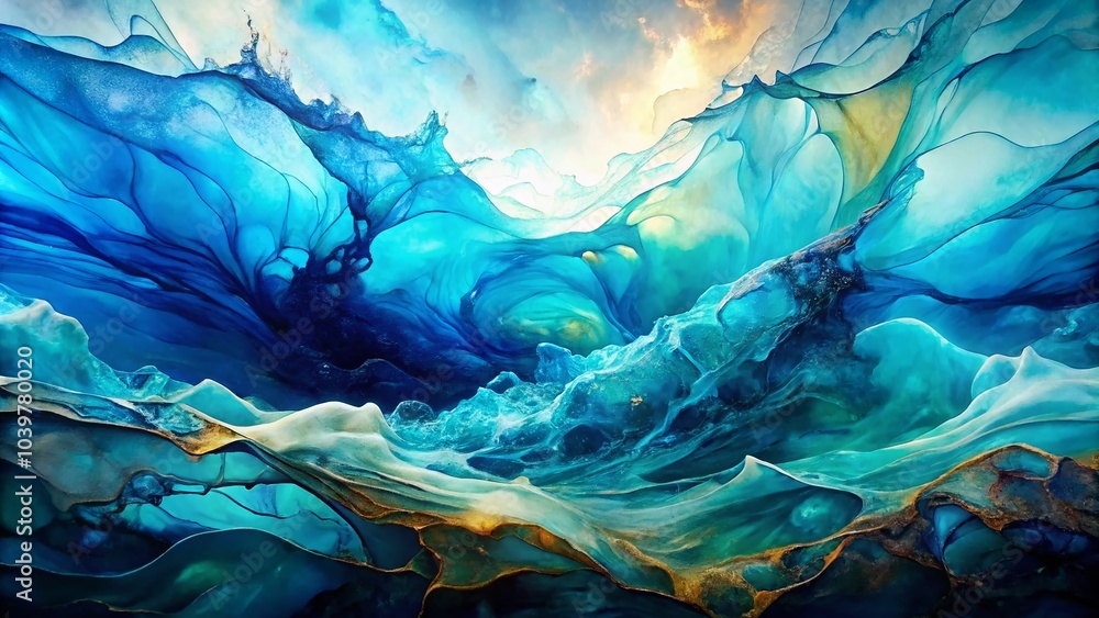 Obraz premium Abstract Fluid Art Underwater Seascape with Alcohol Ink in Deep Blue and Turquoise Tones
