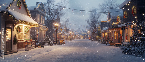 Festive Christmas Street Scene with Snowfall and Lights